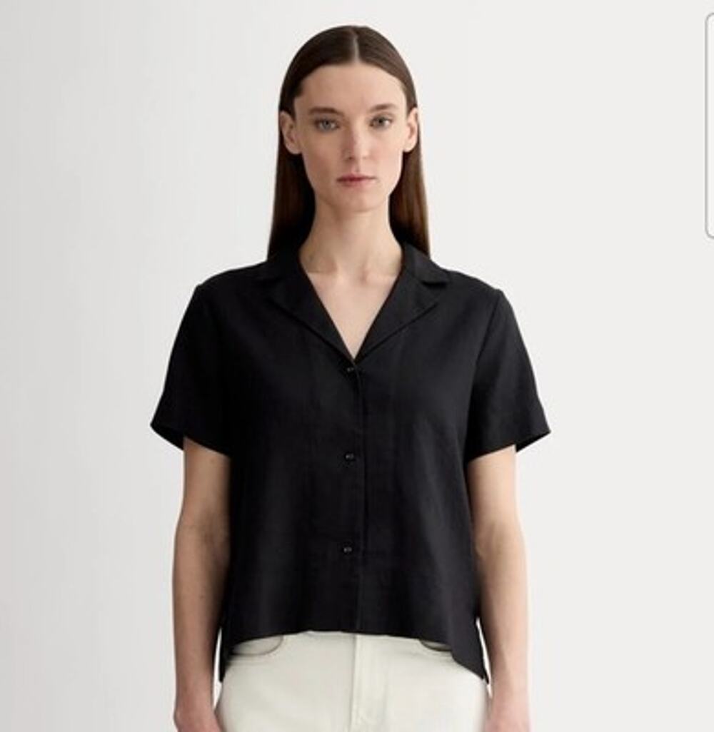 Everlane The Notch Shirt 100% Flax Linen Black Sz XXS Boxy Fit Preppy Casual Top